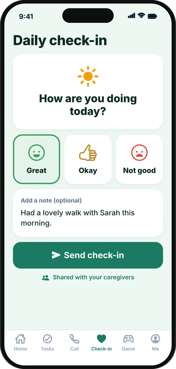 Daily check-in screen asking How are you doing today? with Great, Okay and Not good, and an optional note.