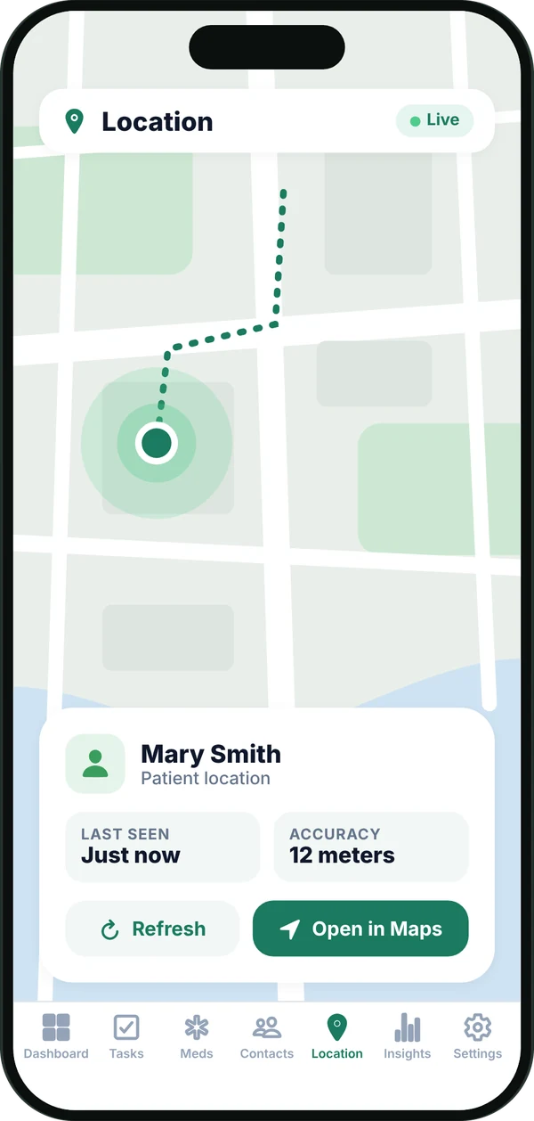 Location screen showing Mary Smith on a map, last seen just now, accurate to 12 meters, with an Open in Maps button.