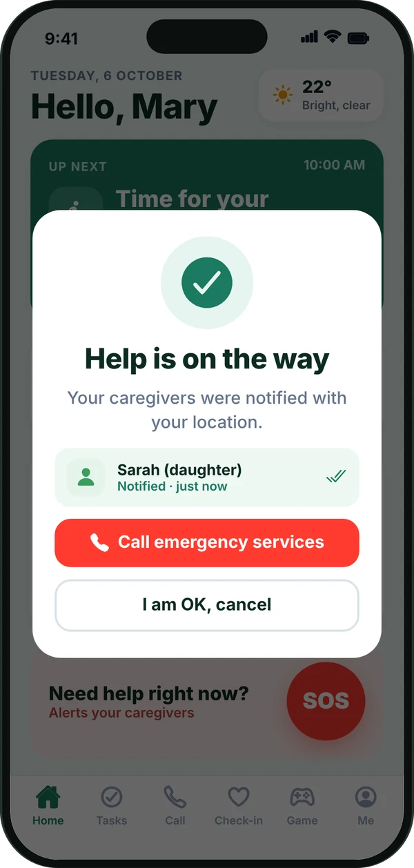 Help is on the way. Your caregivers were notified with your location. Sarah (daughter) notified just now. Buttons to call emergency services or cancel.