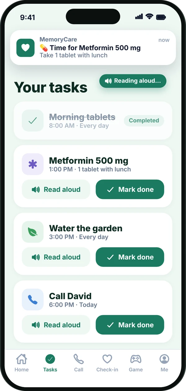 Your tasks screen reading aloud a reminder for Metformin 500 mg, with Read aloud and Mark done buttons on each task.